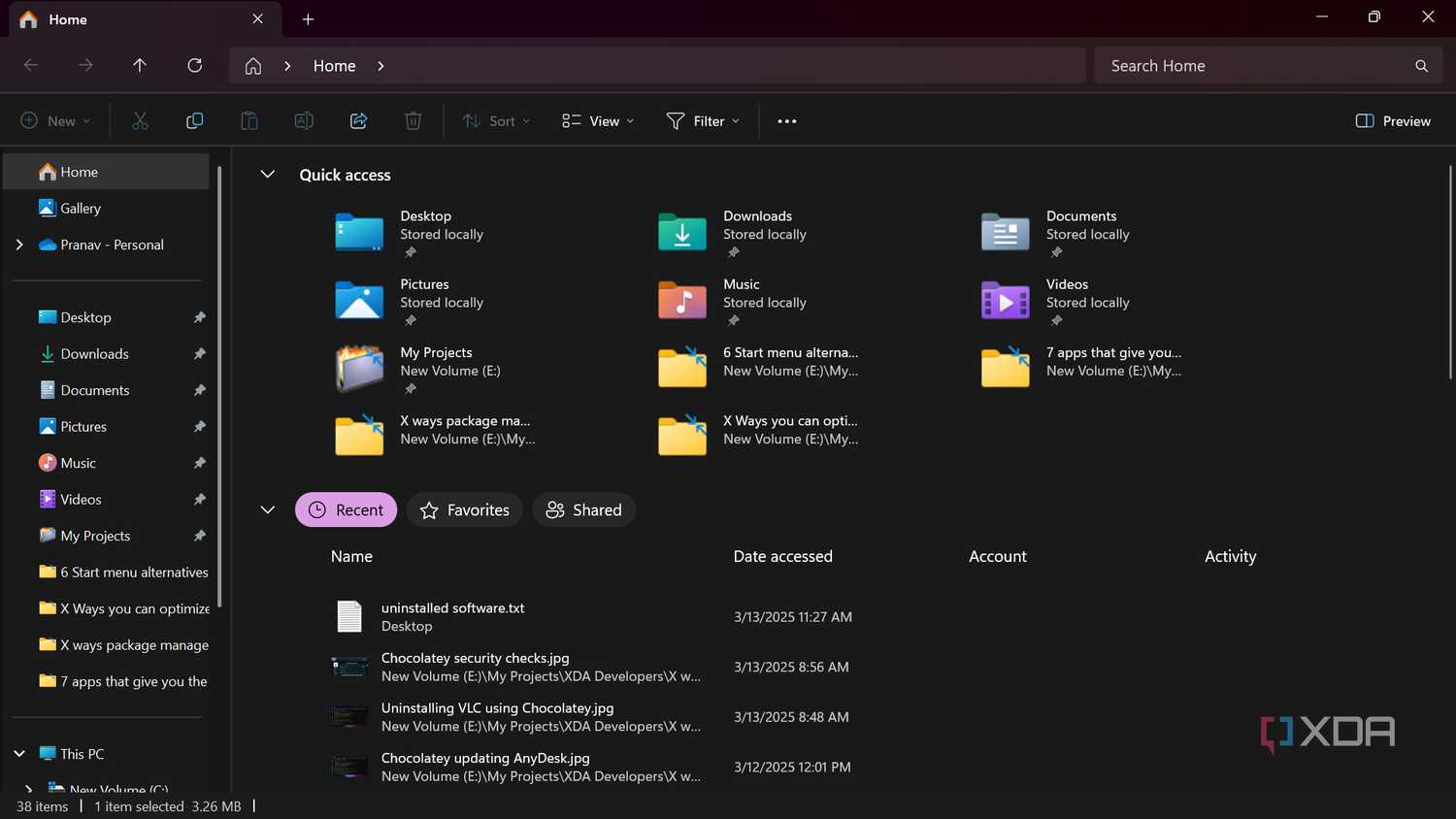 Quick Access section in the File Explorer Home