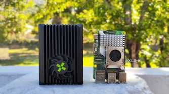 A Radxa X4 placed next to a Raspberry Pi 5