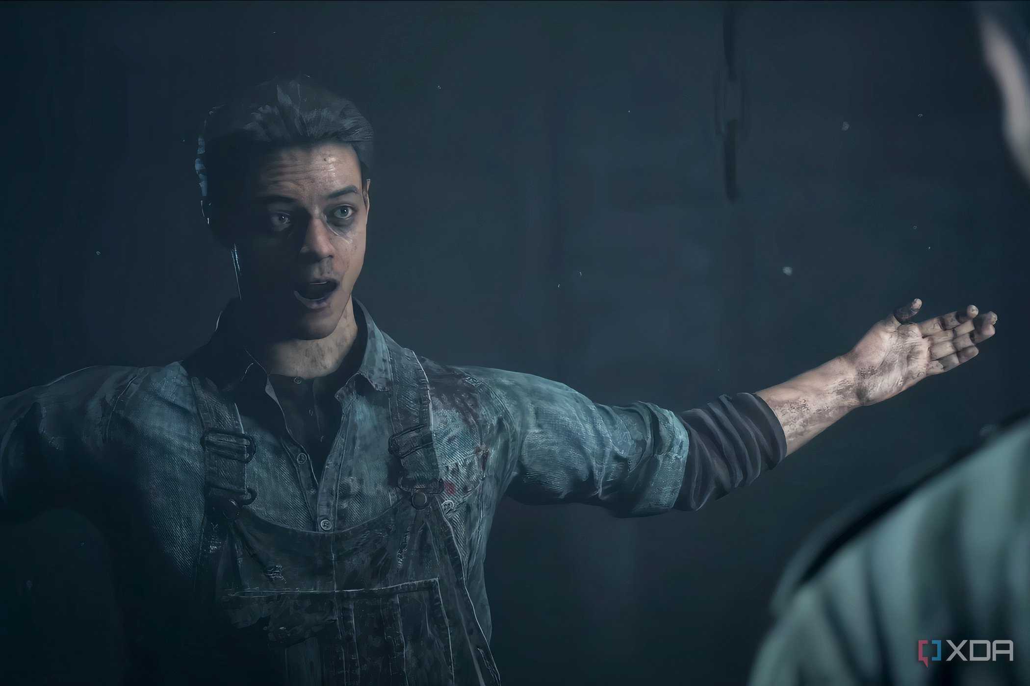 A screenshot from the game "Until Dawn", showing a man in overalls with blood and dirt on him.