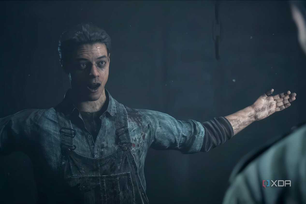 A screenshot from the game "Until Dawn", showing a man in overalls with blood and dirt on him.
