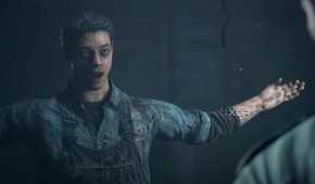 A screenshot from the game "Until Dawn", showing a man in overalls with blood and dirt on him.
