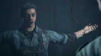 A screenshot from the game "Until Dawn", showing a man in overalls with blood and dirt on him.