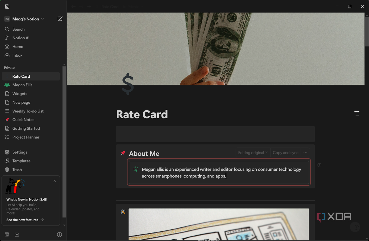 rate card in notion with synced block