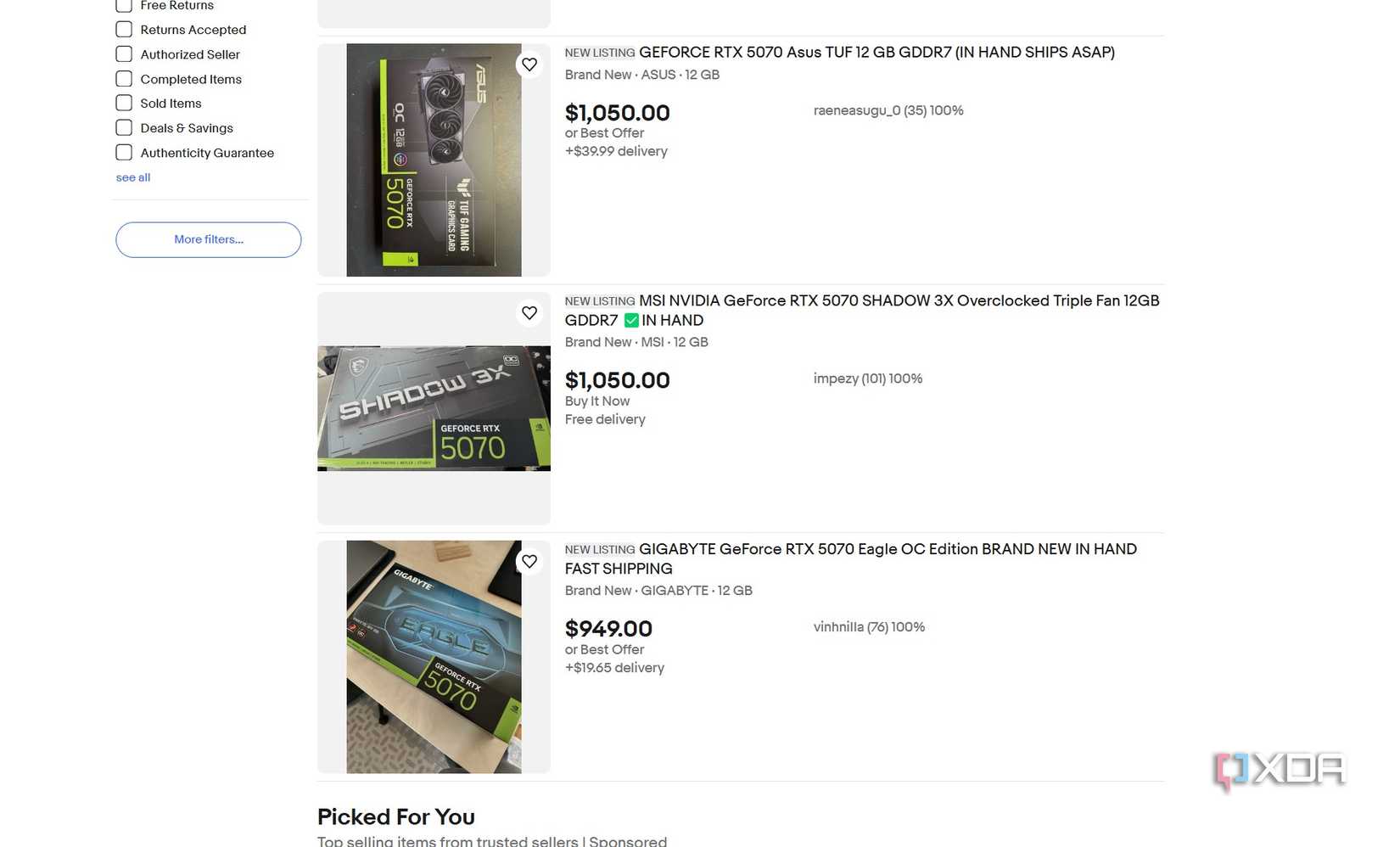 Prices for the Nvidia RTX 5070 on eBay. 