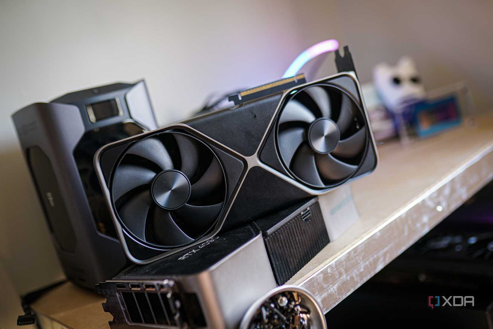 The Nvidia GeForce RTX 5090 graphics card sitting on a shelf.