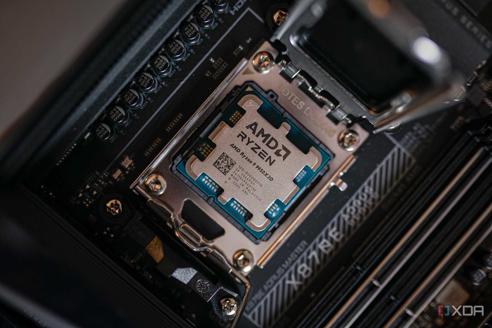 The AMD Ryzen 9 9950X3D socketed in a motherboard.