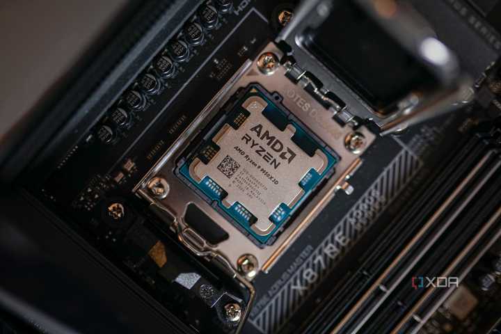 The AMD Ryzen 9 9950X3D socketed in a motherboard.
