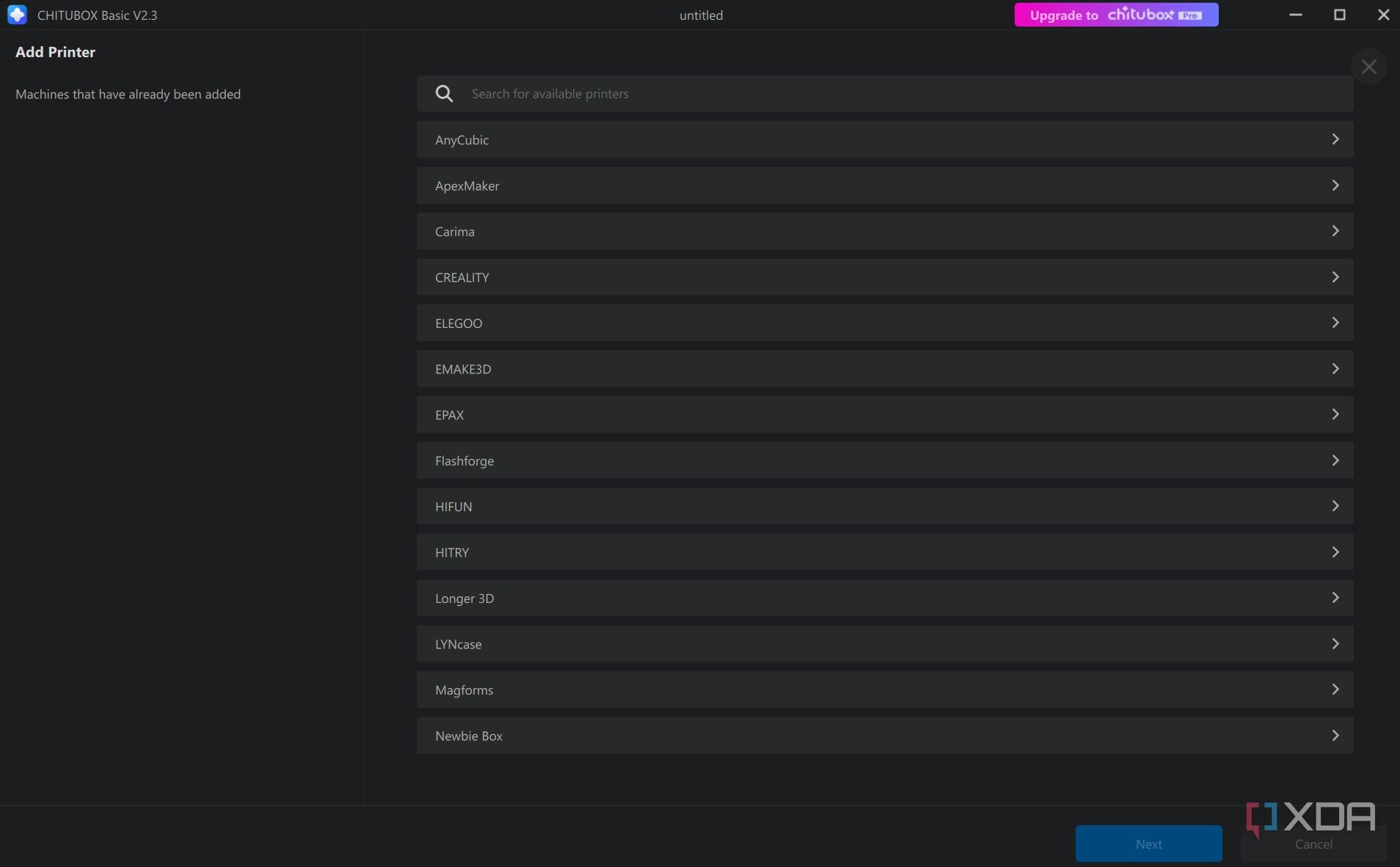 An option to select a 3D printer in Chitubox Slicer
