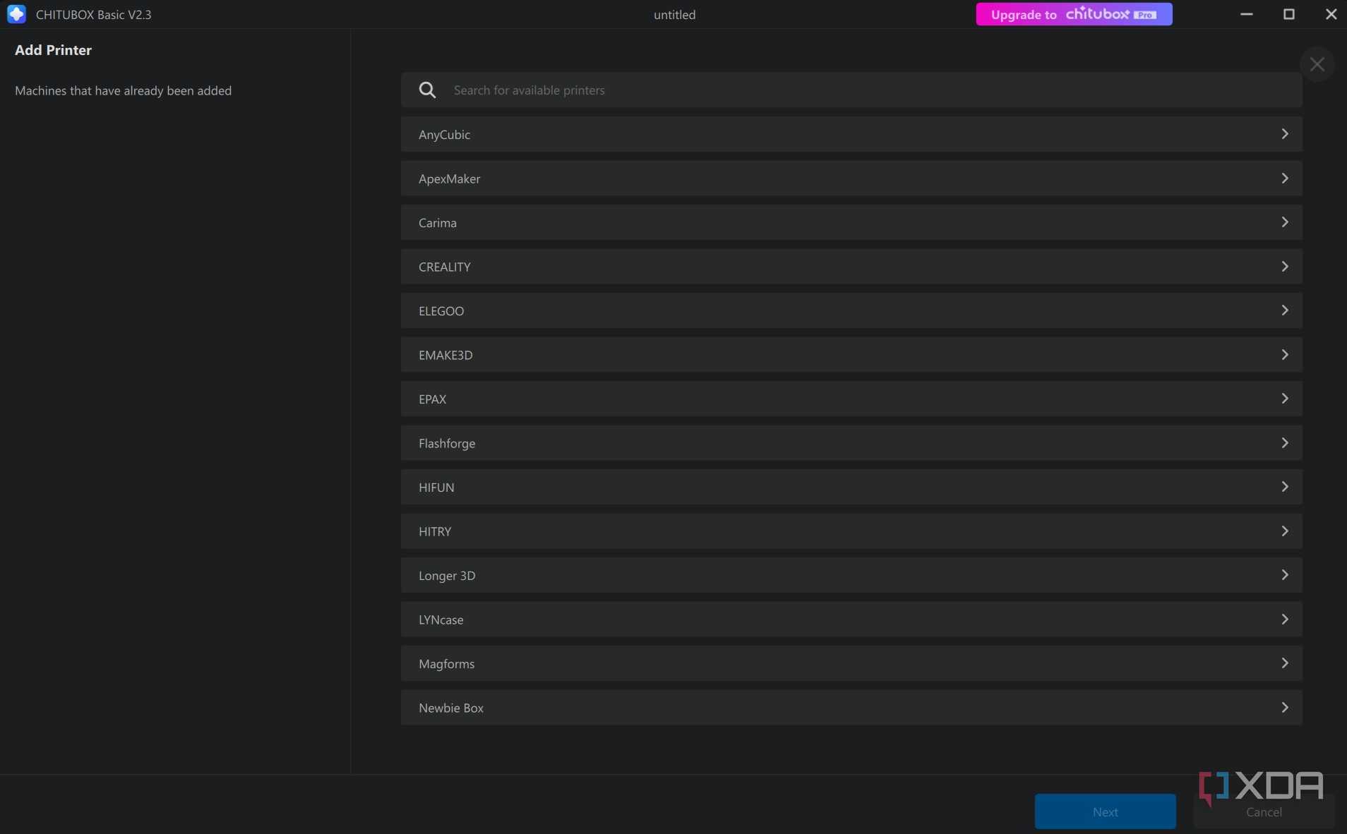 An option to select a 3D printer in Chitubox Slicer