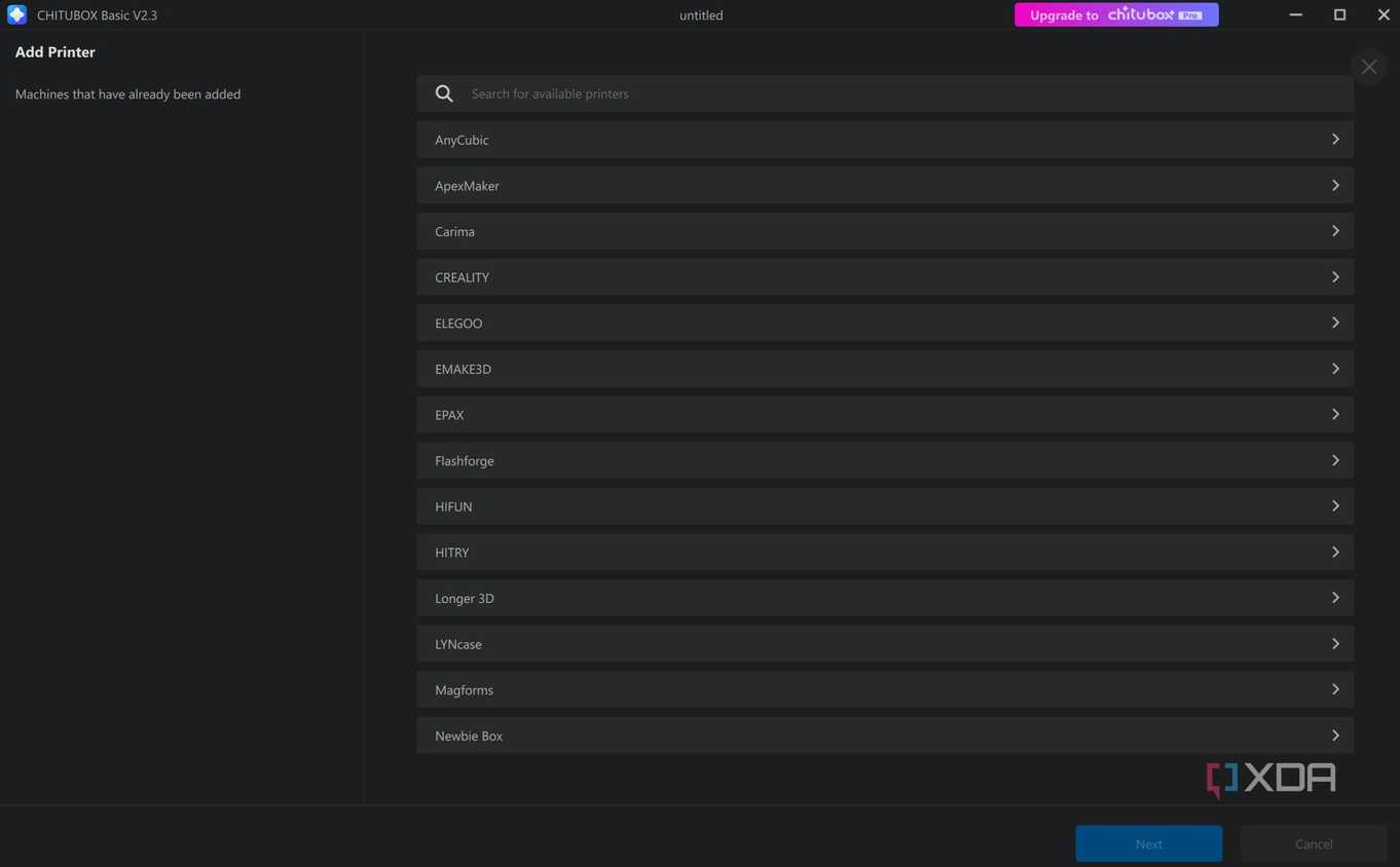 An option to select a 3D printer in Chitubox Slicer