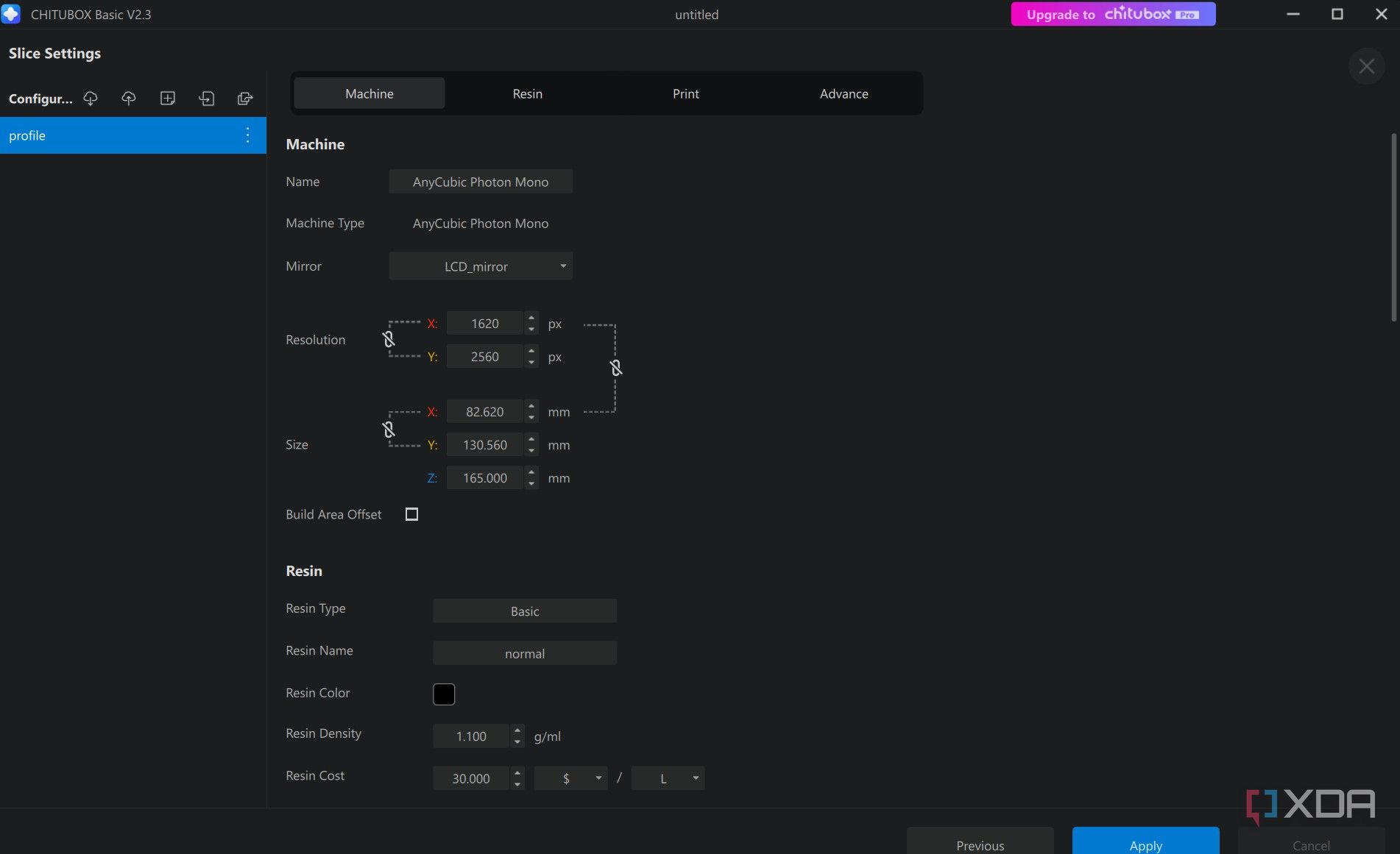 The various settings in Chitubox slicer