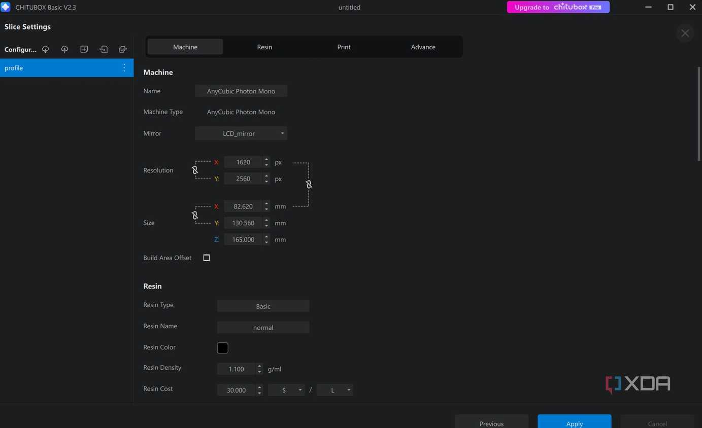 The various settings in Chitubox slicer