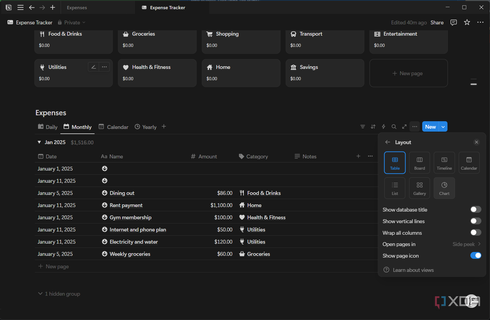 selecting a layout for a database in notion