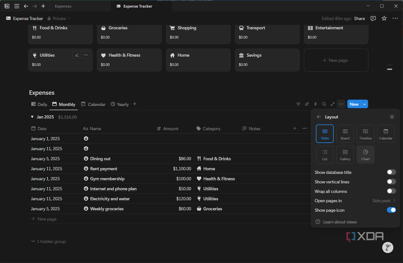 selecting a layout for a database in notion