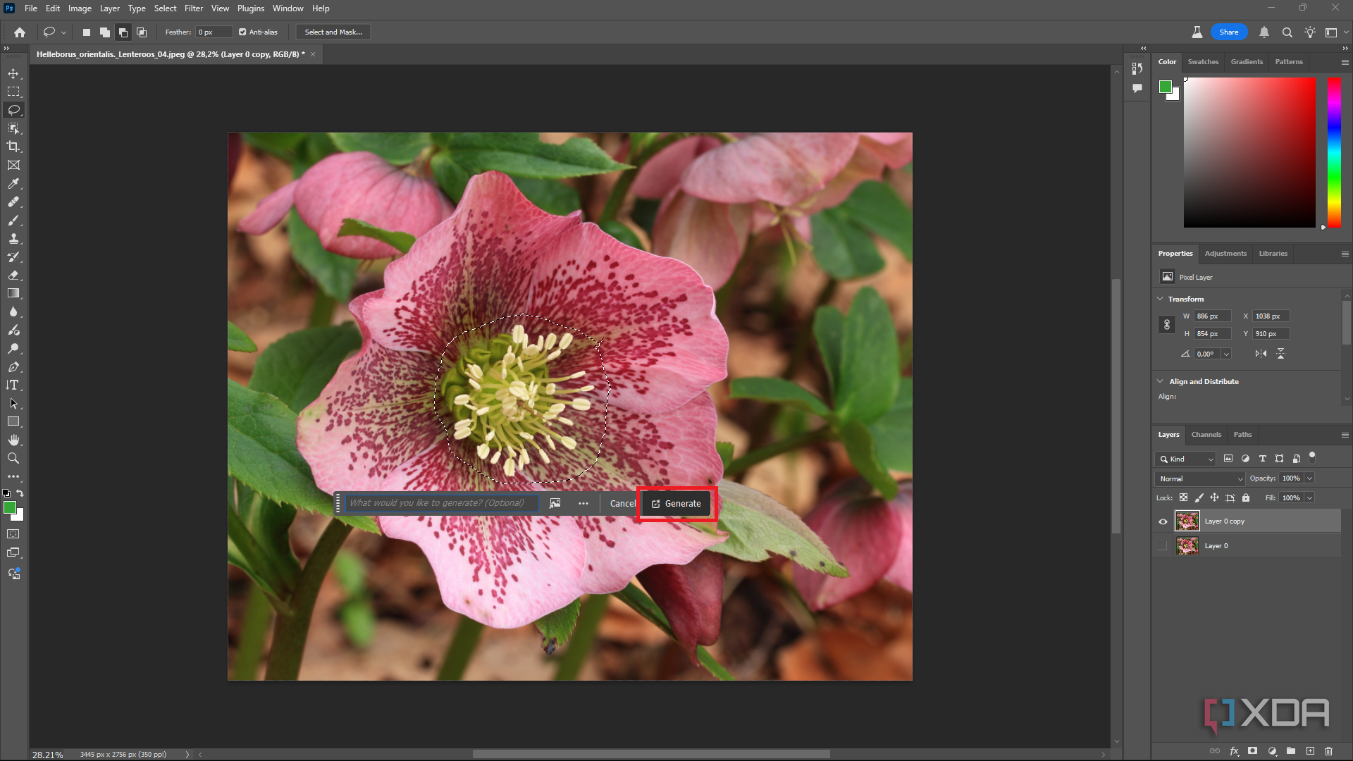 Selecting Generative Fill in Photoshop, pink flower in editing window