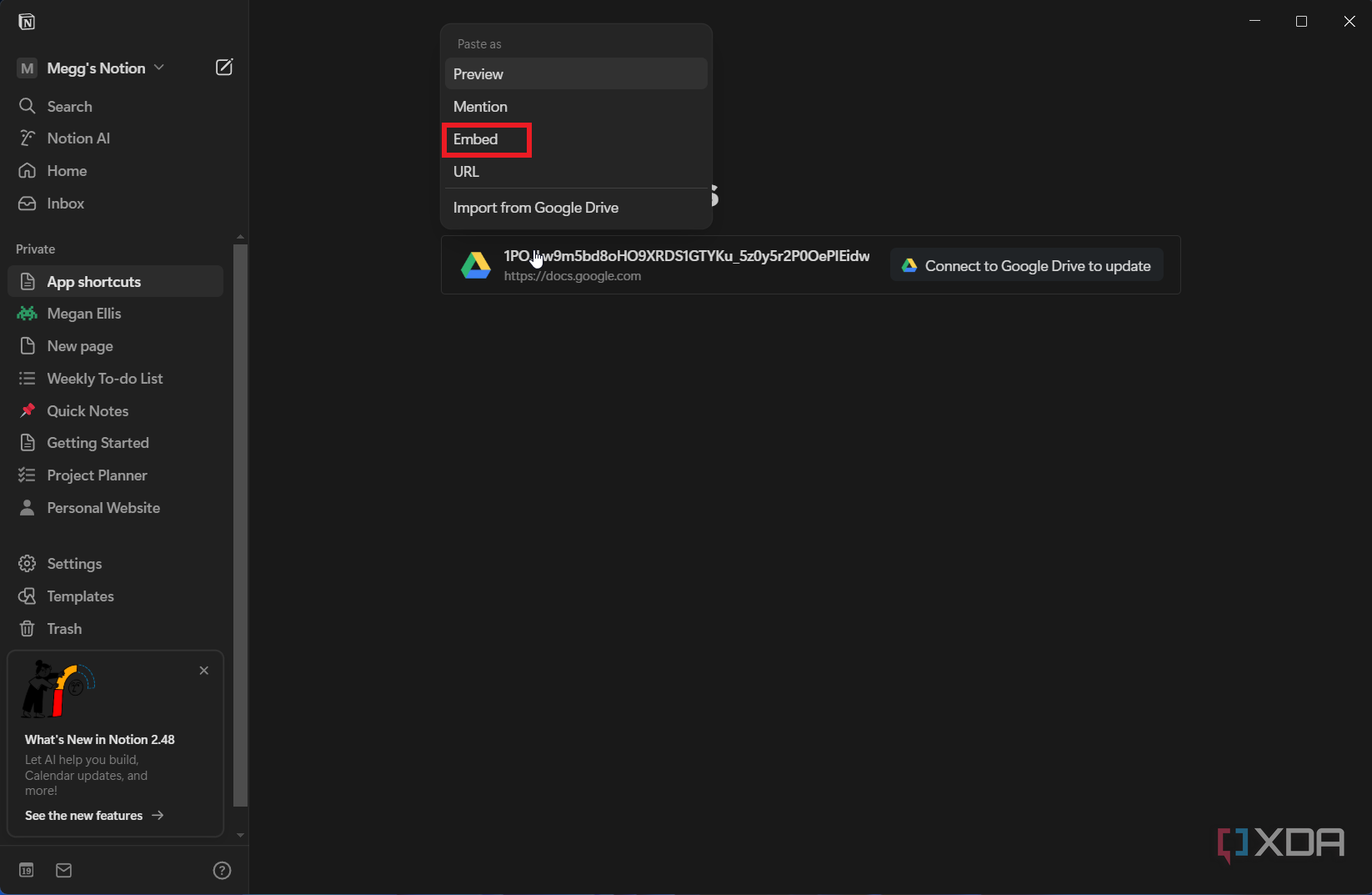 selecting the embed option in notion