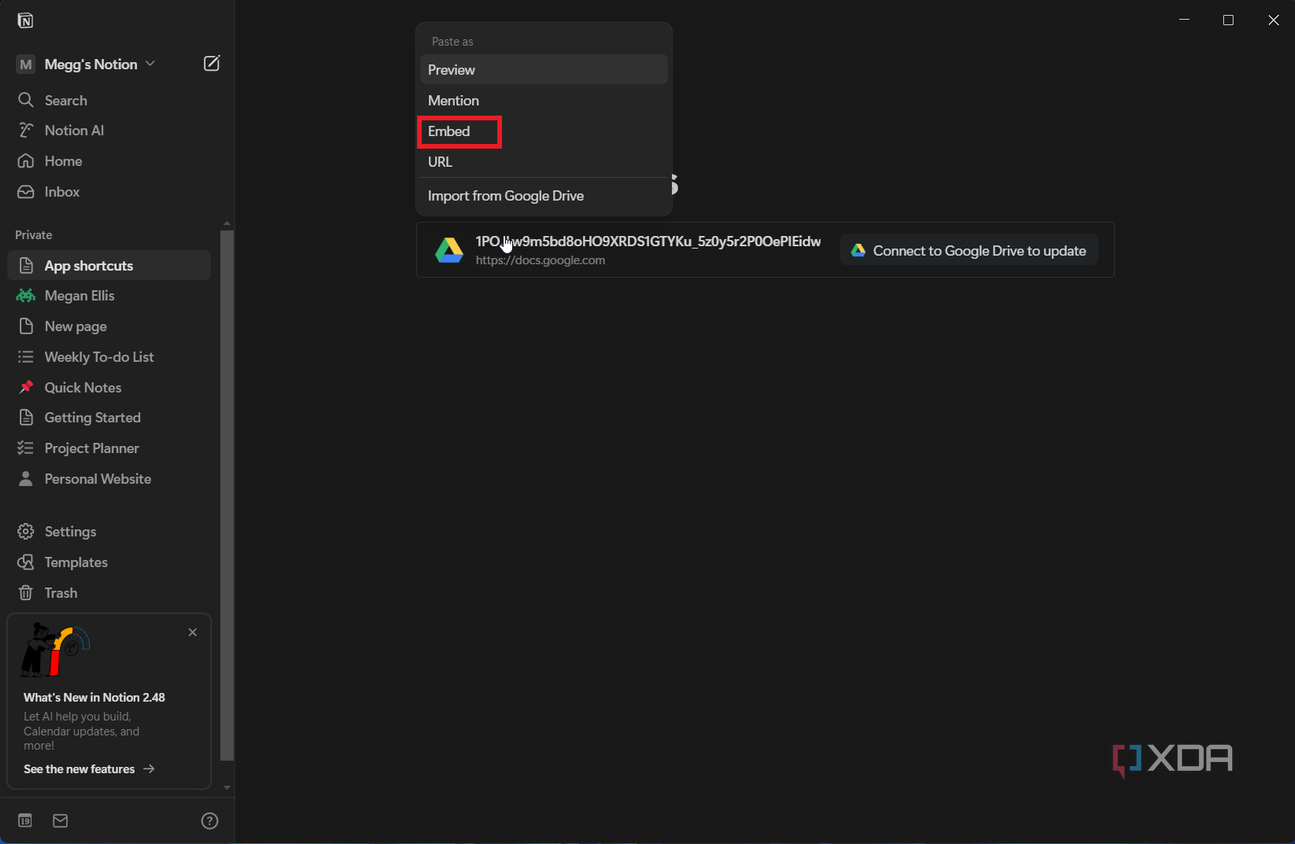 selecting the embed option in notion