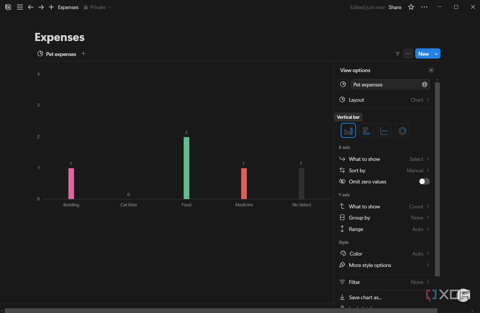 selecting view options for a notion database