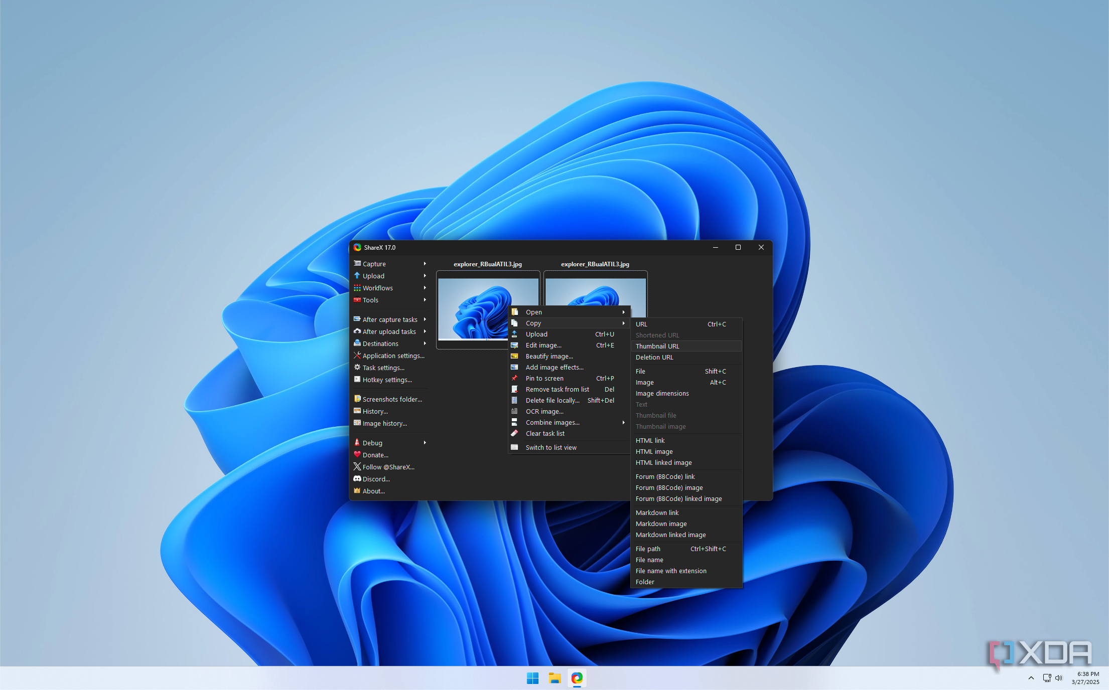 Screenshot of ShareX showing options to copy an image URL or the image itself