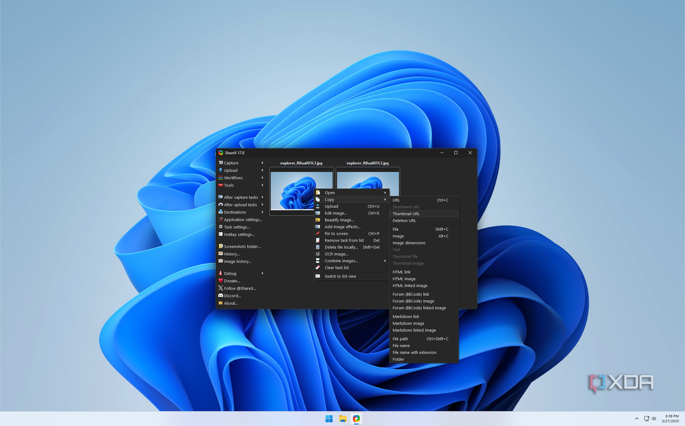 Screenshot of ShareX showing options to copy an image URL or the image itself