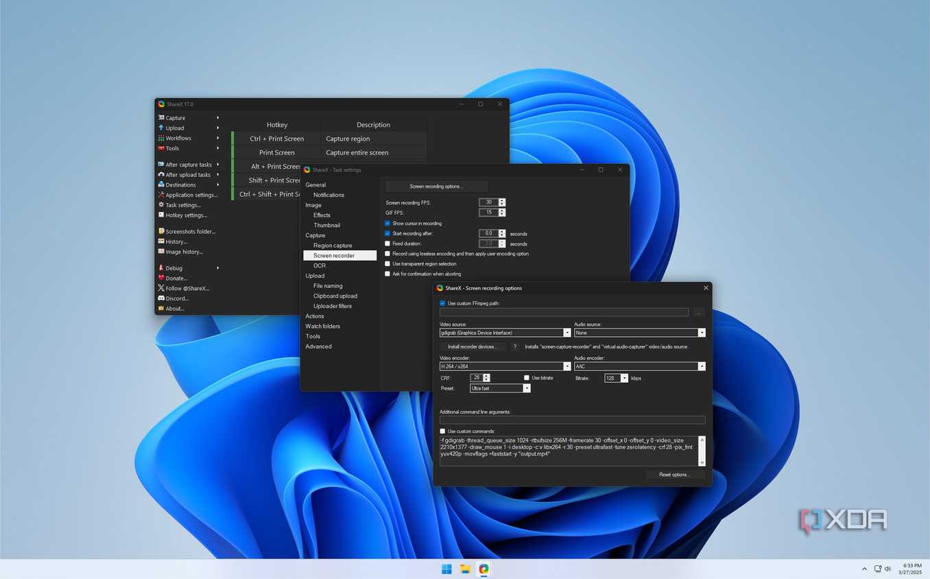 Screenshot of ShareX video recording settings