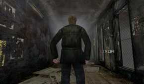 An in-game screenshot from the game Silent Hill 2, showing a man standing in the middle of a dingy alley.