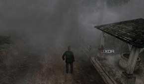 An in-game screenshot from the game Silent Hill 2, showing a man standing next to a dilapidated gazebo while surrounded by thick fog.