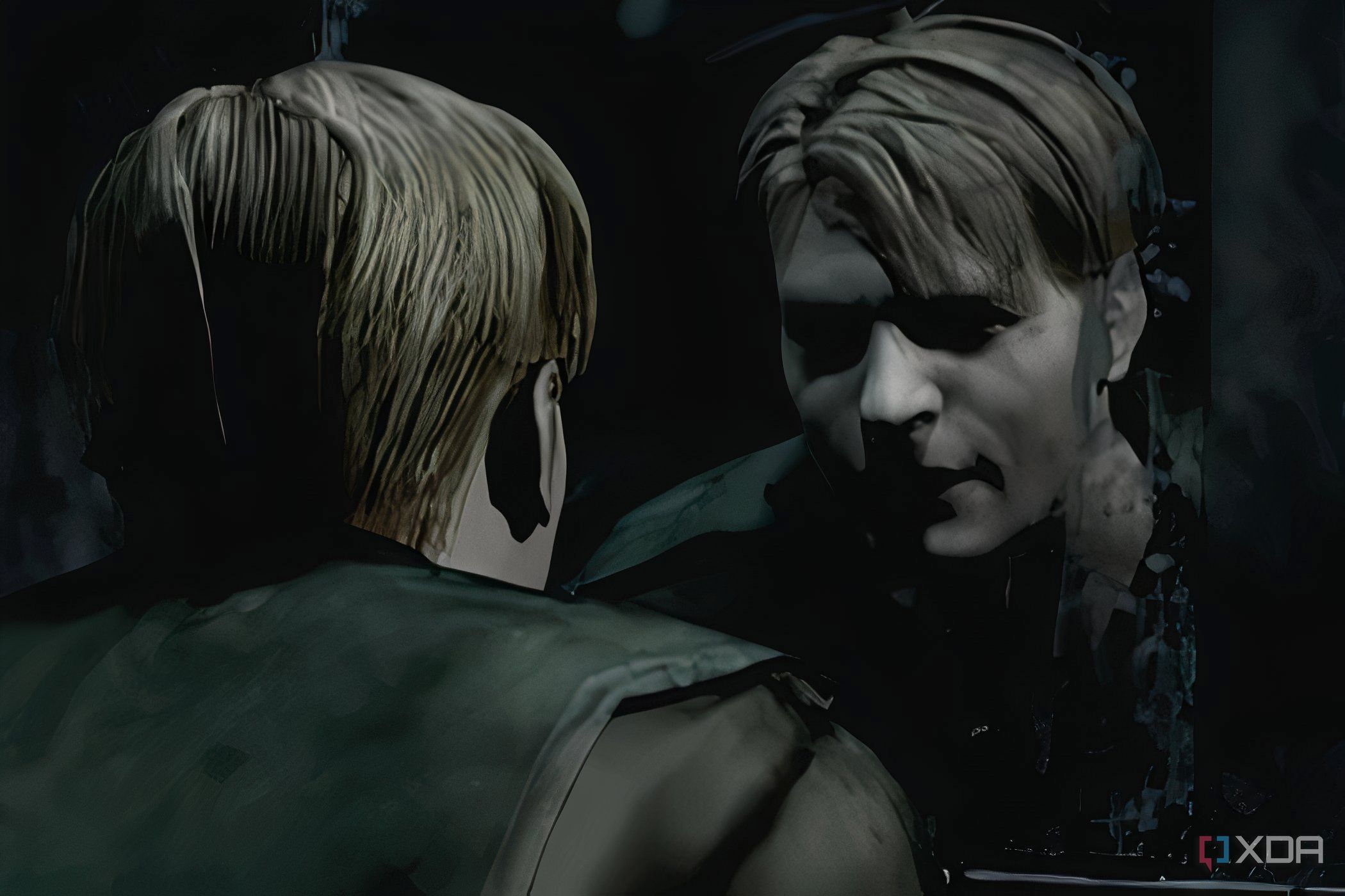 An in-game screenshot from the game Silent Hill 2, showing an in-game cutscene of the protagonist looking in the mirror.
