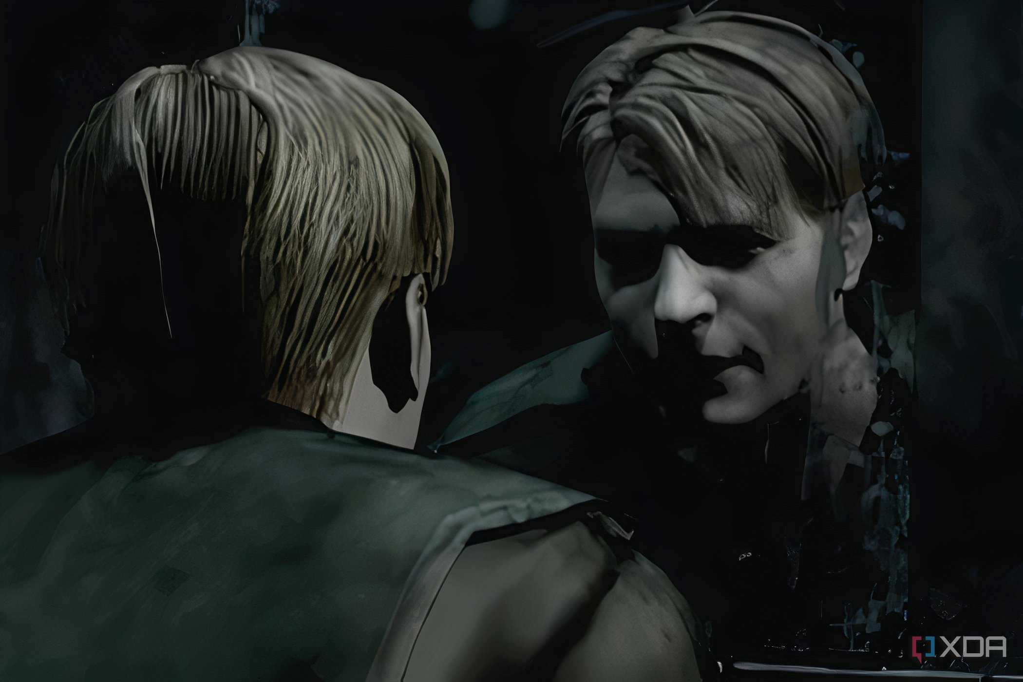 An in-game screenshot from the game Silent Hill 2, showing an in-game cutscene of the protagonist looking in the mirror.