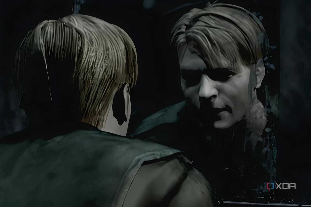 An in-game screenshot from the game Silent Hill 2, showing an in-game cutscene of the protagonist looking in the mirror.