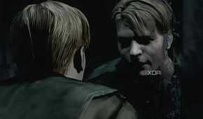 An in-game screenshot from the game Silent Hill 2, showing an in-game cutscene of the protagonist looking in the mirror.