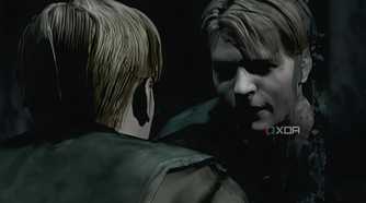 An in-game screenshot from the game Silent Hill 2, showing an in-game cutscene of the protagonist looking in the mirror.