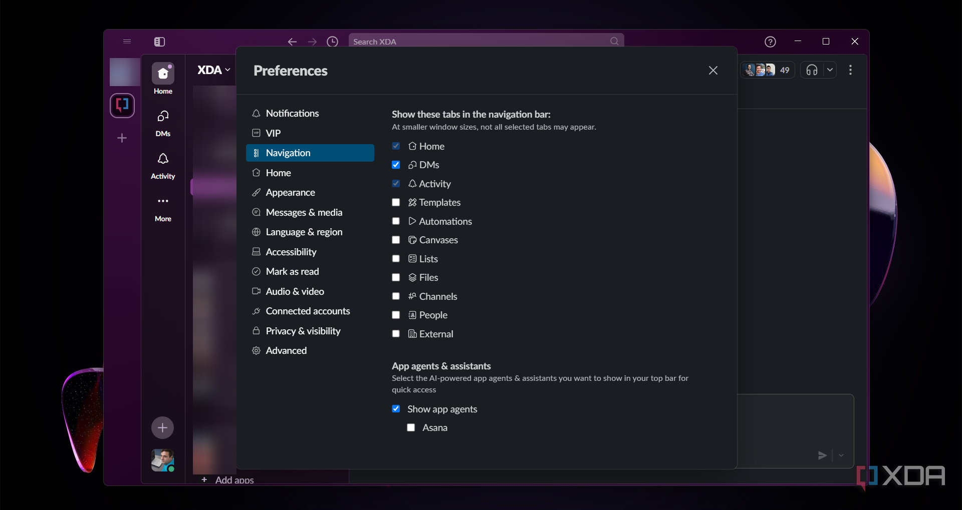 Slack-navigation-settings