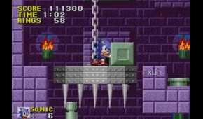 A screenshot of Sonic pushing a block in one of the levels.
