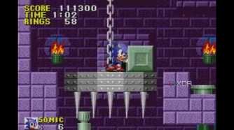 A screenshot of Sonic pushing a block in one of the levels.