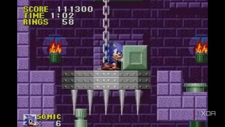 A screenshot of Sonic pushing a block in one of the levels.