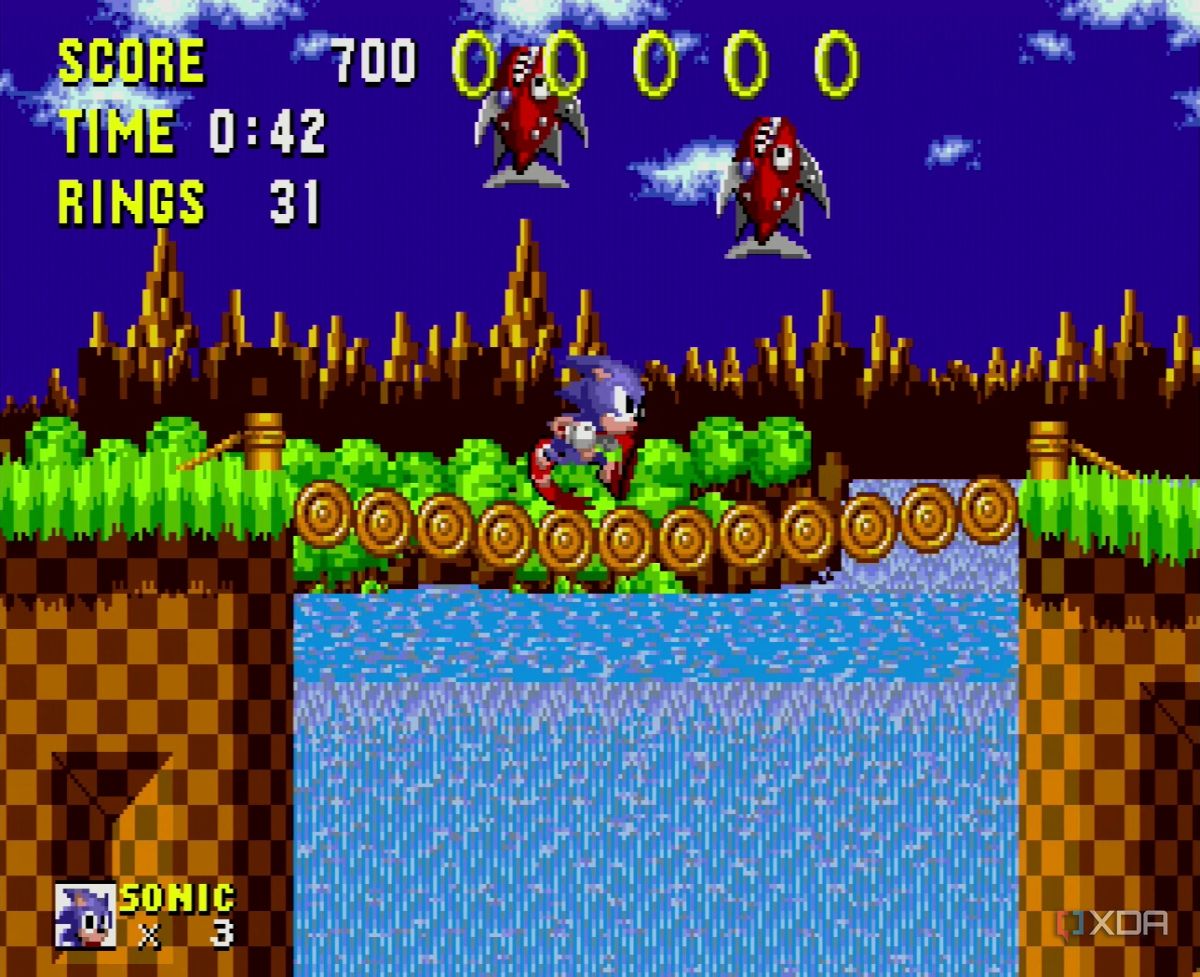 A screenshot of Sonic running underneath enemies.