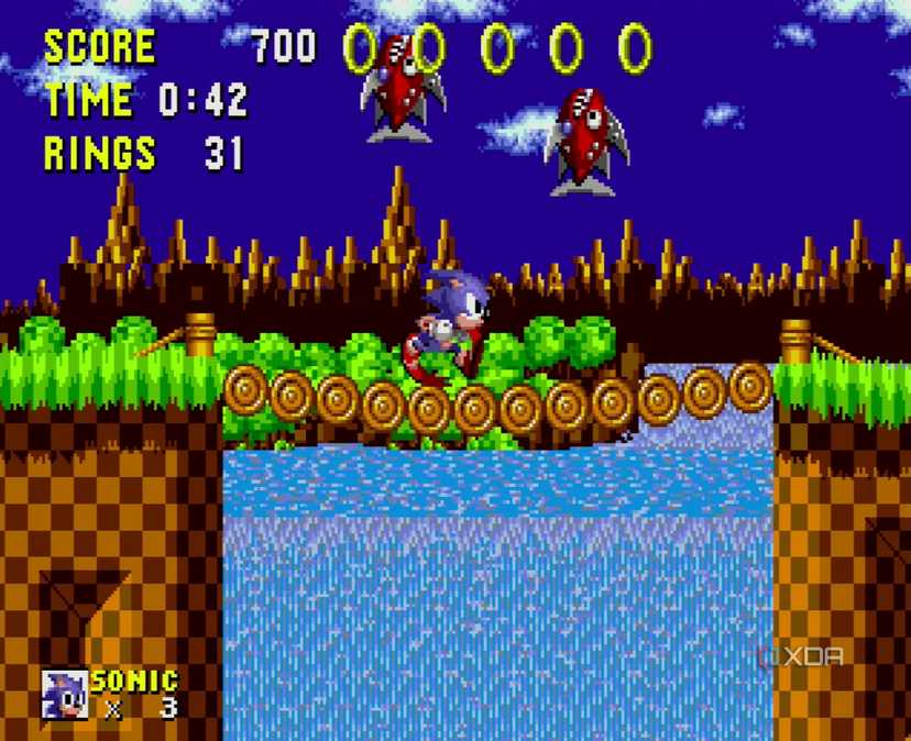 A screenshot of Sonic running underneath enemies.