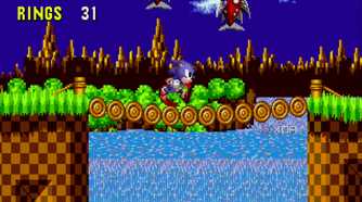 A screenshot of Sonic running underneath enemies.