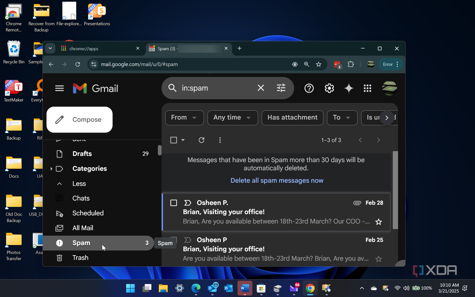 Showing Spam folder in gmail in Google Chrome on Windows 11