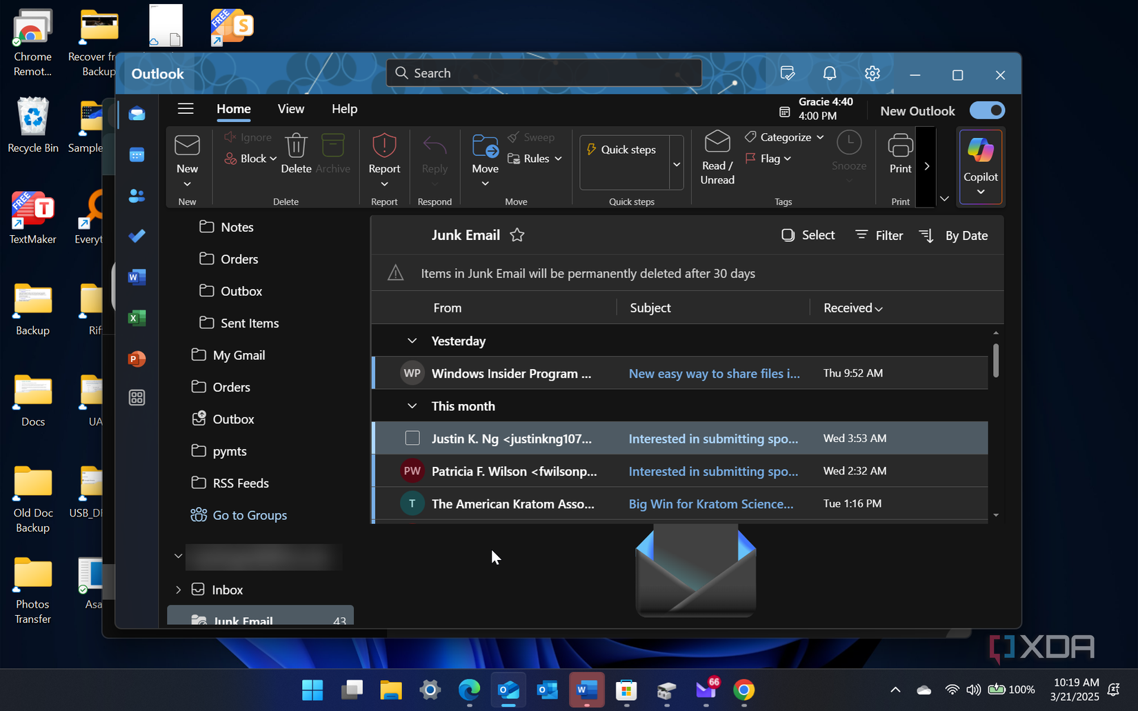 screenshot of spam in outlook app