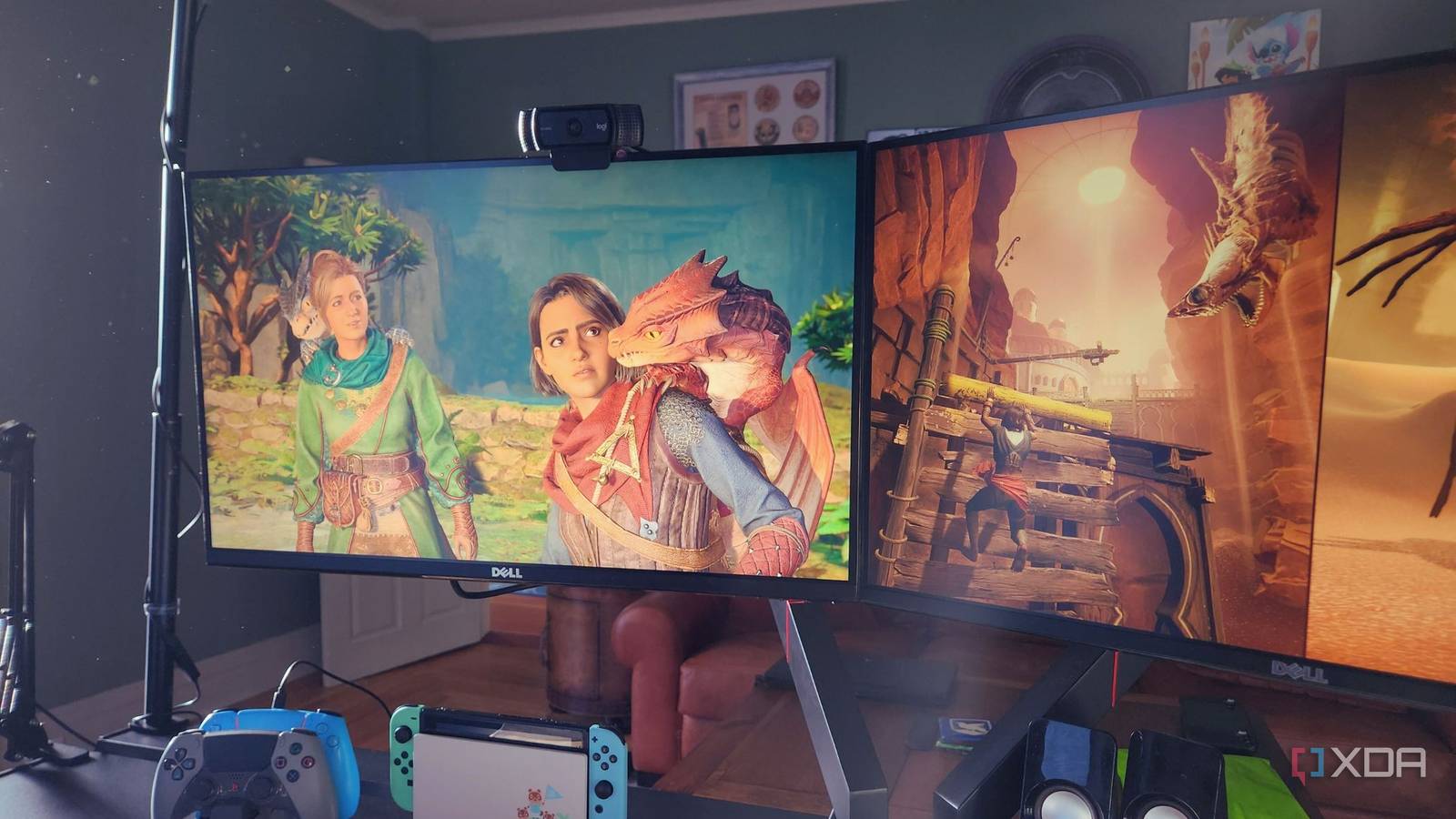 Split Fiction characters reacting to dragons on computer screens
