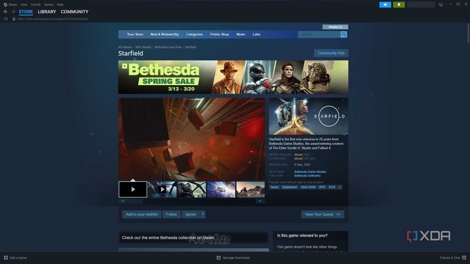 Starfield's Steam page