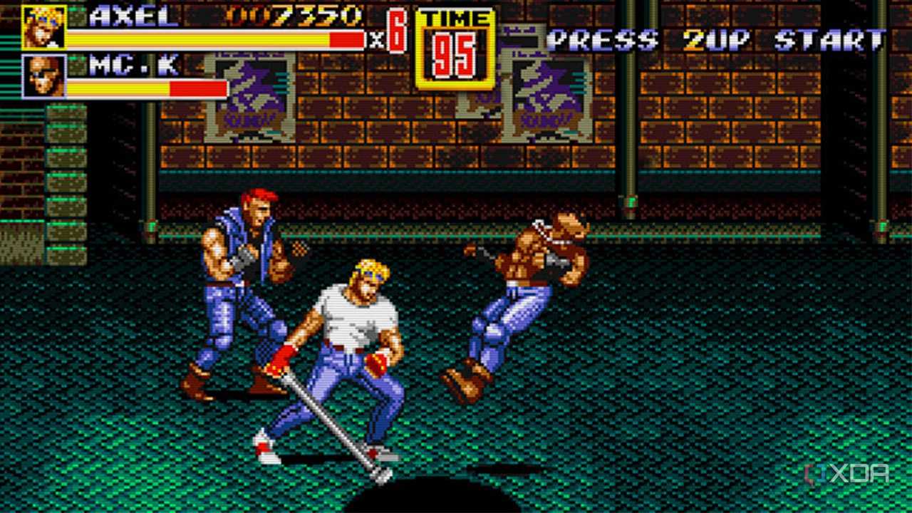 A screenshot of Axel fighting enemies with a pipe.