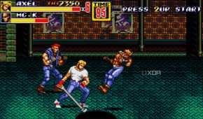 A screenshot of Axel fighting enemies with a pipe.