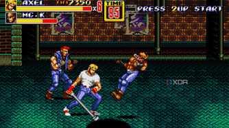 A screenshot of Axel fighting enemies with a pipe.