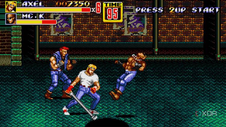 A screenshot of Axel fighting enemies with a pipe.