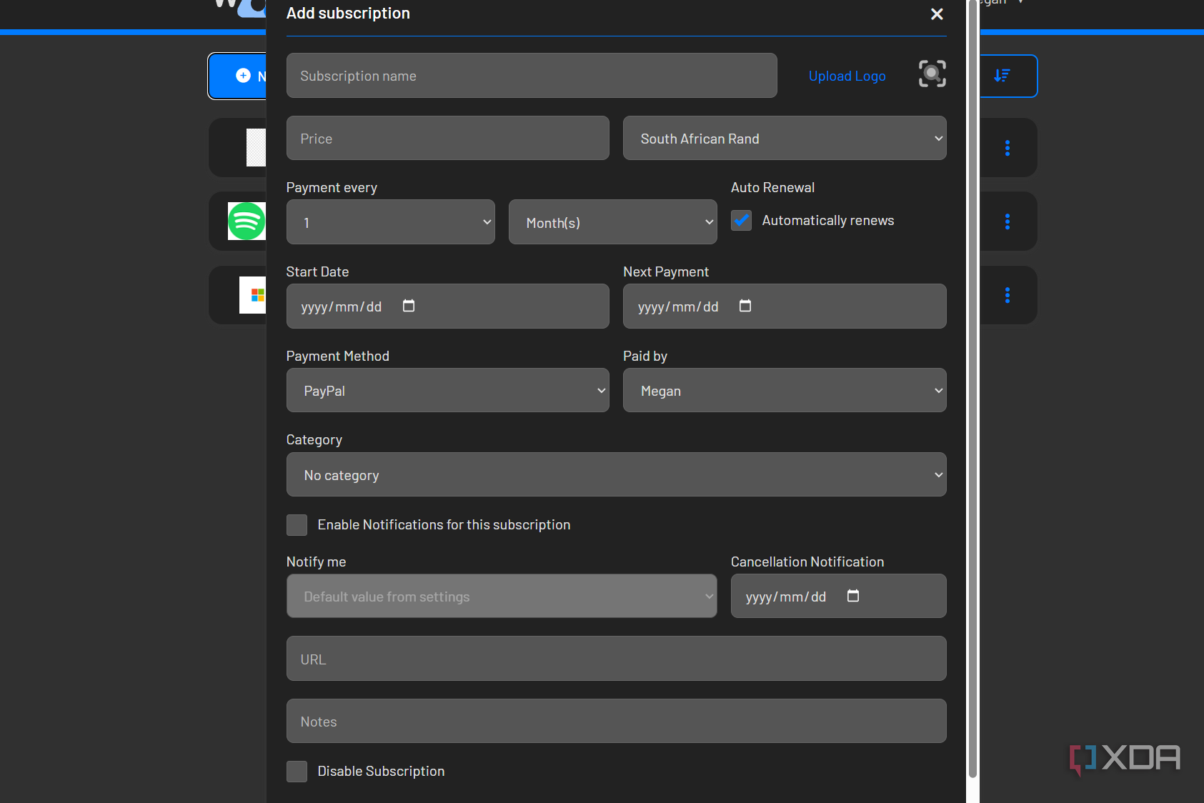 subscription with blank details in wallos