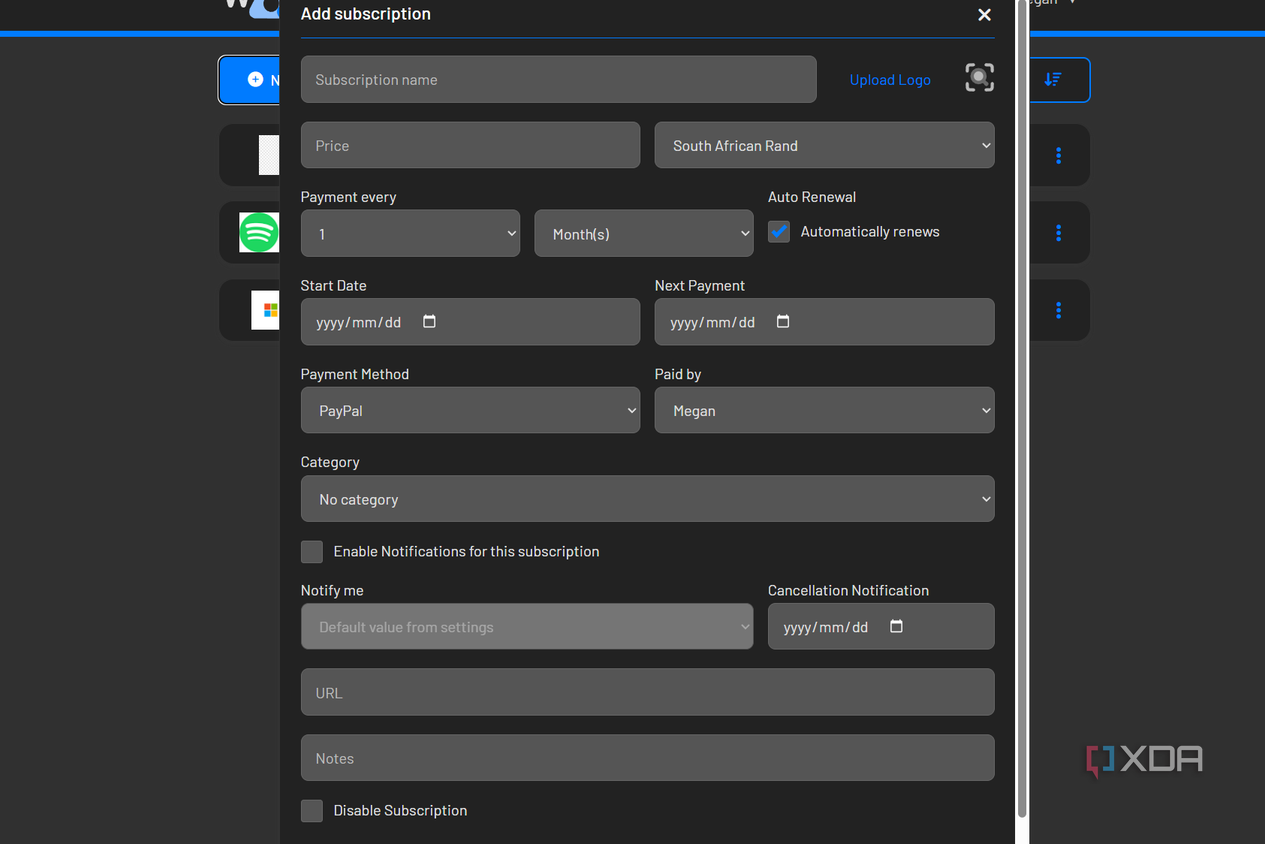 subscription with blank details in wallos
