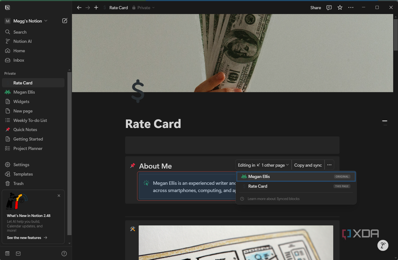 synced block showing places on other notion pages